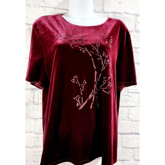 Kathie Lee Burgundy Velour Glitter Floral Design Bodice Top XL Lightweight Soft - Picture 1 of 5